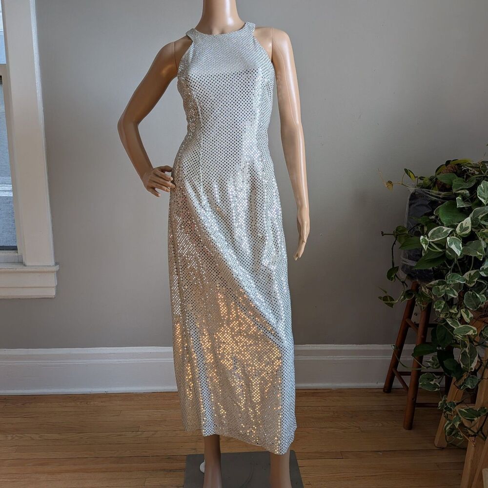 Vintage 90s All That Jazz Silver Sequin Prom Dress Formal Size 7/8